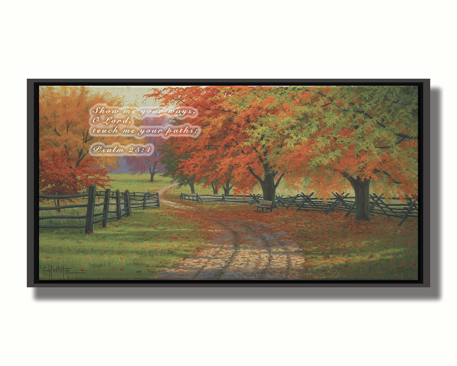 A painting of a road winding through a fenched field, surrounded by multicolor fall maple trees. Printed on canvas in a float frame.