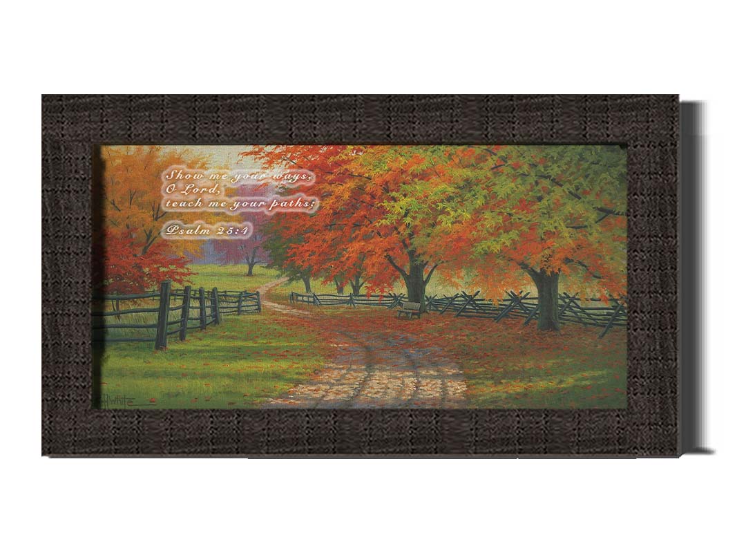 A painting of a road winding through a fenched field, surrounded by multicolor fall maple trees. Printed on canvas and framed.