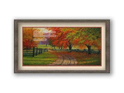 A painting of a road winding through a fenched field, surrounded by multicolor fall maple trees. Printed on paper, matted, and framed.