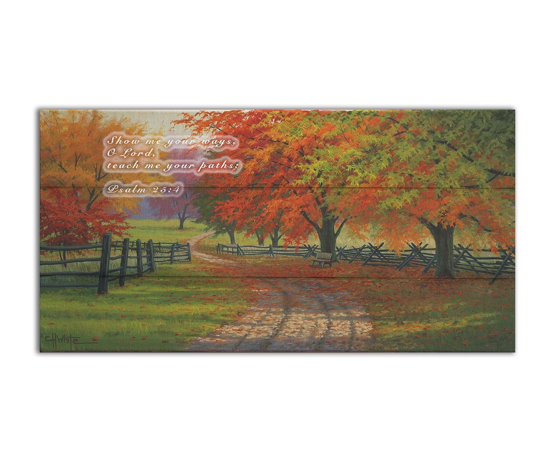 A painting of a road winding through a fenched field, surrounded by multicolor fall maple trees. Printed on a box board.