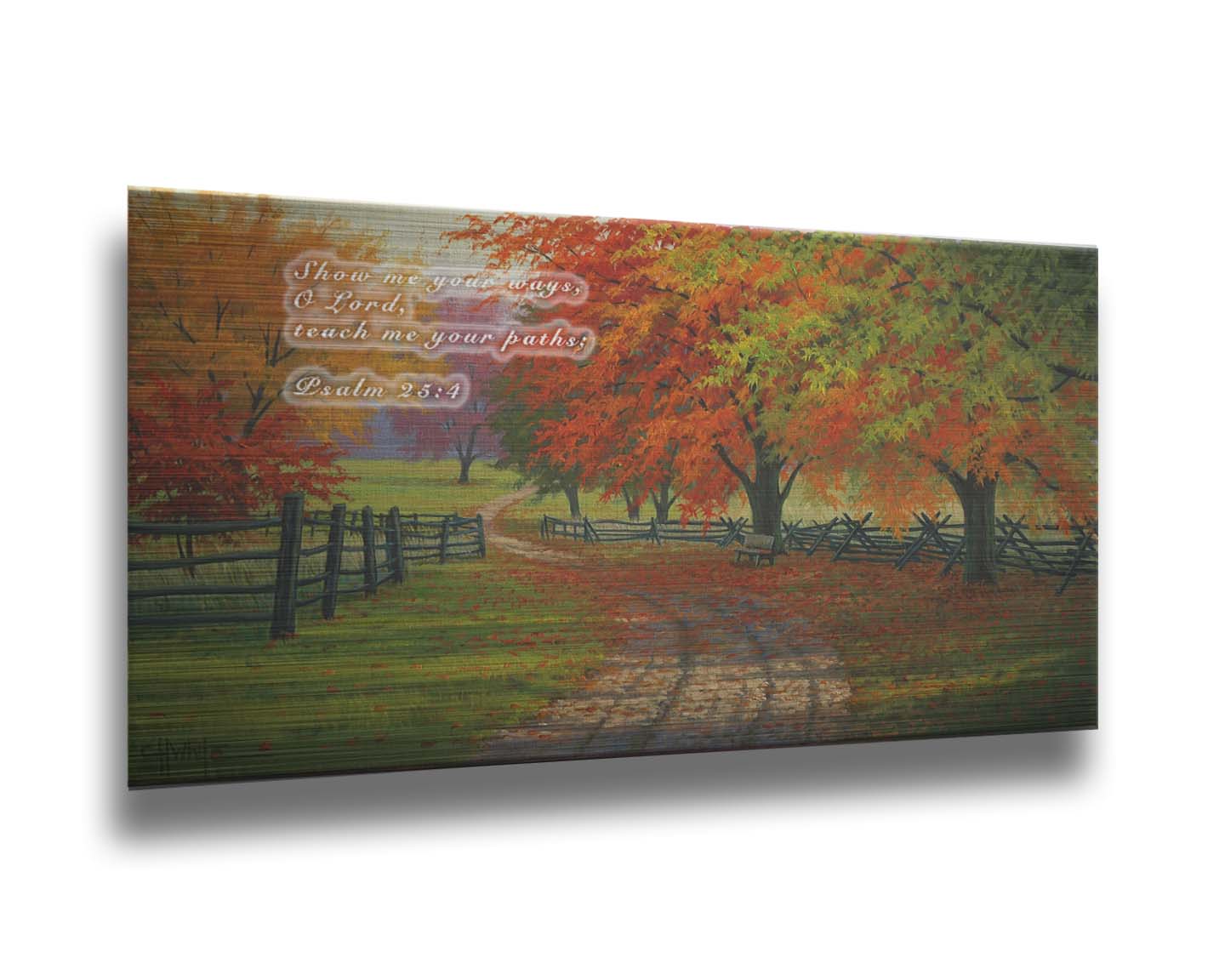 A painting of a road winding through a fenched field, surrounded by multicolor fall maple trees. Printed on metal.