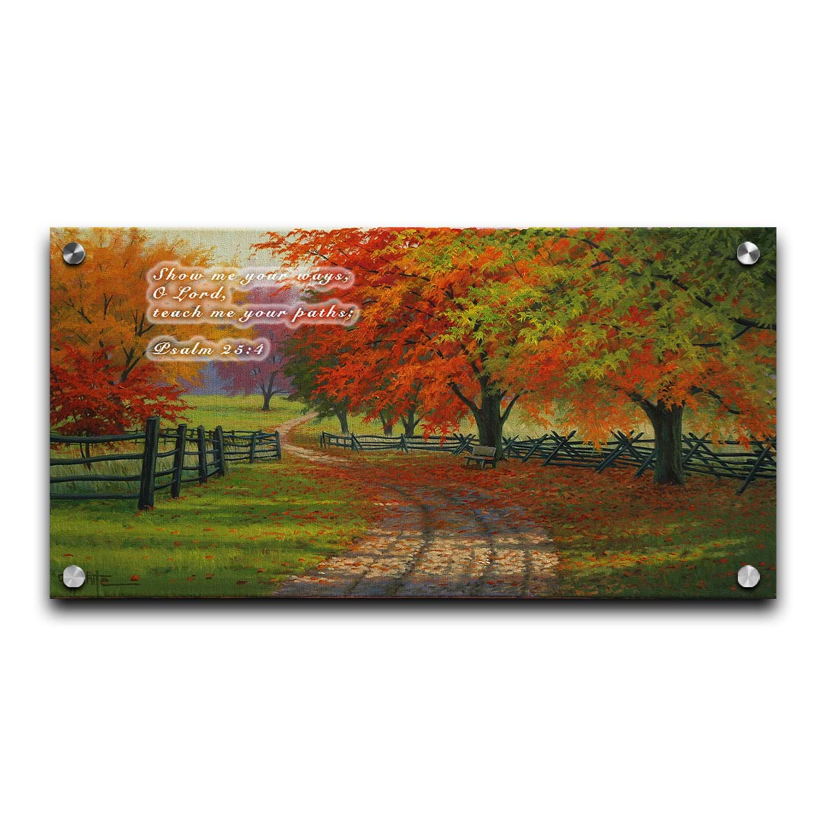 A painting of a road winding through a fenched field, surrounded by multicolor fall maple trees. Printed on acrylic.