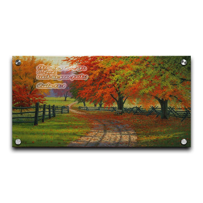 A painting of a road winding through a fenched field, surrounded by multicolor fall maple trees. Printed on acrylic.