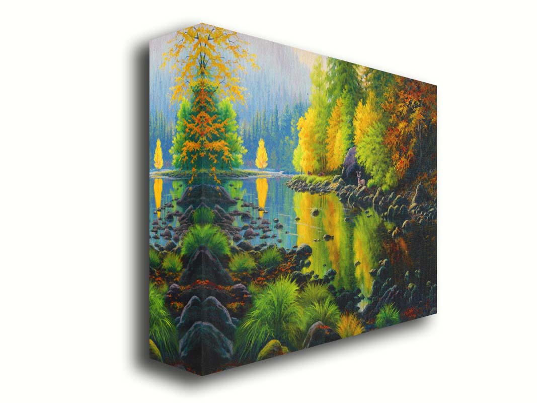 A painting of the Merced River in California. The bright greens and yellows of the forest trees are reflecting beautifully off the water. A few deer graze on the grasses alongside the river. Printed on canvas.