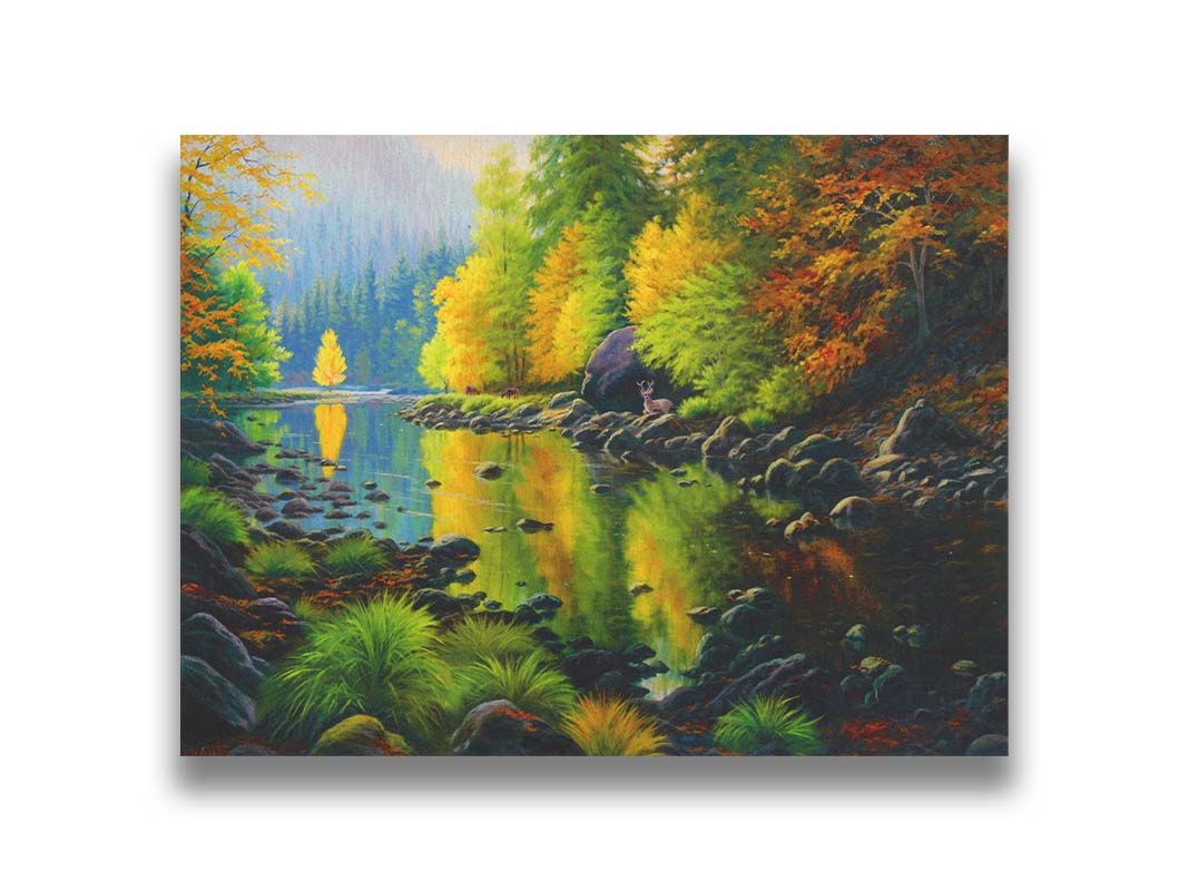 A painting of the Merced River in California. The bright greens and yellows of the forest trees are reflecting beautifully off the water. A few deer graze on the grasses alongside the river. Printed on canvas.