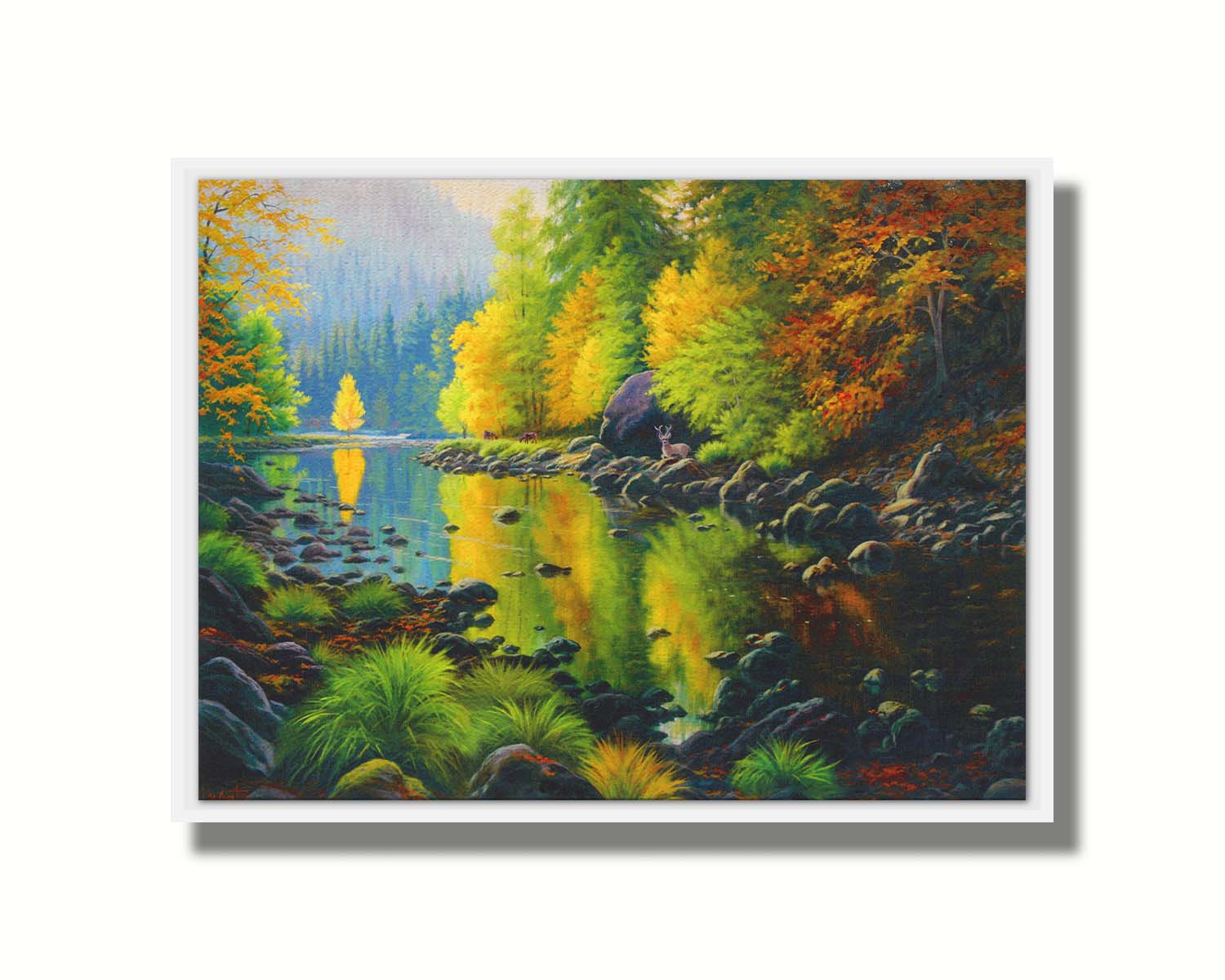 A painting of the Merced River in California. The bright greens and yellows of the forest trees are reflecting beautifully off the water. A few deer graze on the grasses alongside the river. Printed on canvas in a float frame.