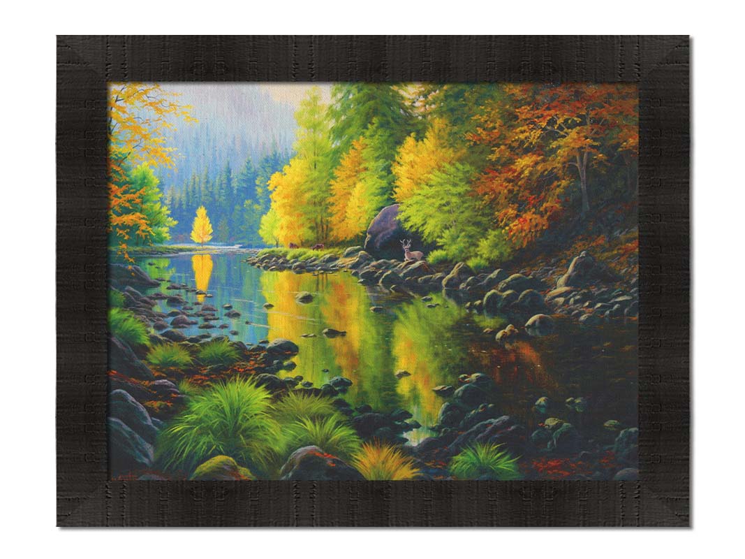 A painting of the Merced River in California. The bright greens and yellows of the forest trees are reflecting beautifully off the water. A few deer graze on the grasses alongside the river. Printed on canvas and framed.