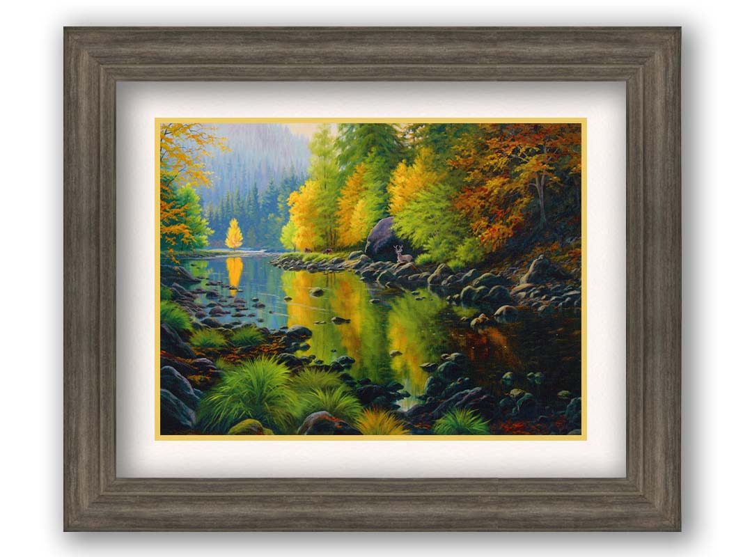 A painting of the Merced River in California. The bright greens and yellows of the forest trees are reflecting beautifully off the water. A few deer graze on the grasses alongside the river. Printed on paper, matted, and framed.