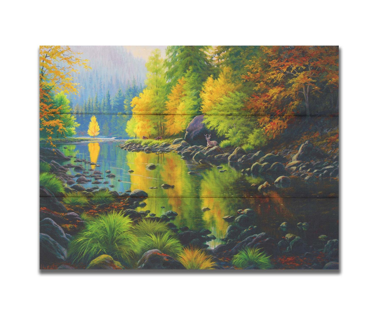 A painting of the Merced River in California. The bright greens and yellows of the forest trees are reflecting beautifully off the water. A few deer graze on the grasses alongside the river. Printed on a box board.