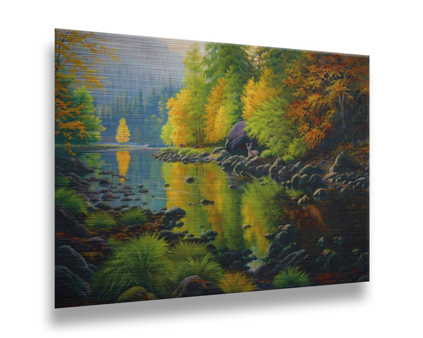 A painting of the Merced River in California. The bright greens and yellows of the forest trees are reflecting beautifully off the water. A few deer graze on the grasses alongside the river. Printed on acrylic.