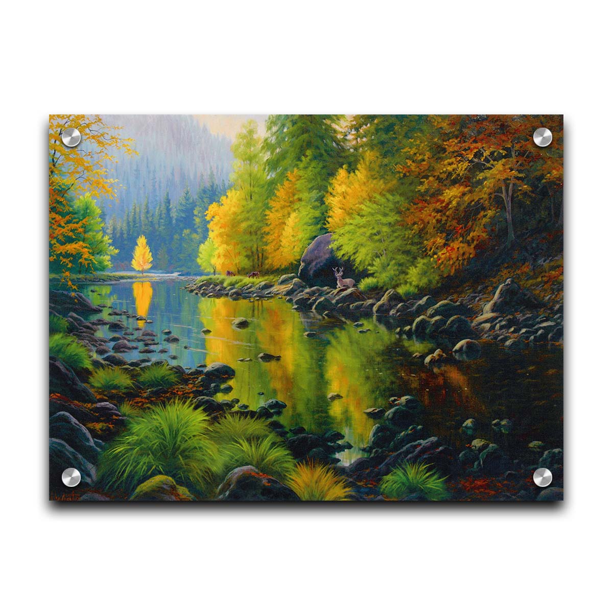 A painting of the Merced River in California. The bright greens and yellows of the forest trees are reflecting beautifully off the water. A few deer graze on the grasses alongside the river. Printed on acrylic.