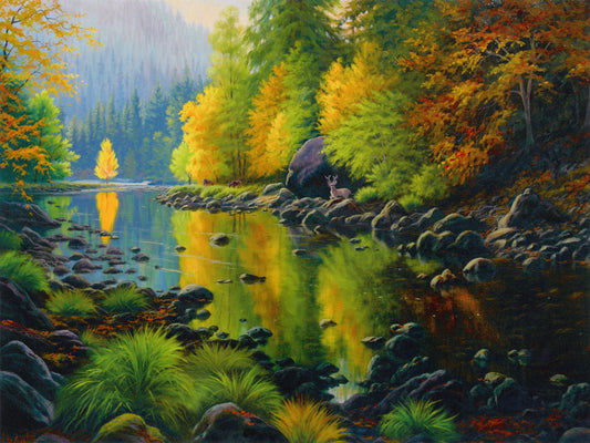 A painting of the Merced River in California. The bright greens and yellows of the forest trees are reflecting beautifully off the water. A few deer graze on the grasses alongside the river. 