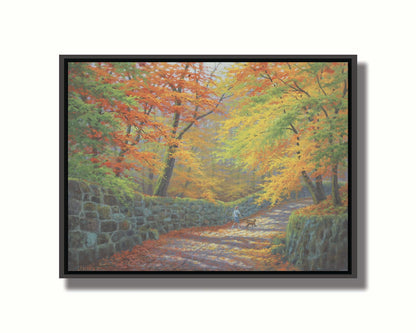 A painting of a stone road through a forest. It is bordered by stone walls on either side. The leaves of the trees are changing colors and dropping to the ground for fall. A person can be seen walking a leashed down further down the path. Printed on canvas in a float frame.