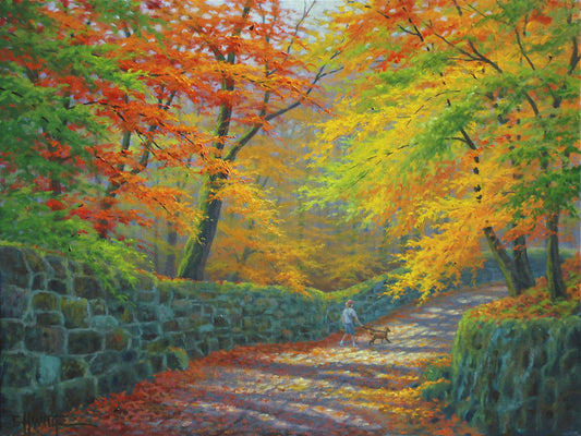 A painting of a stone road through a forest. It is bordered by stone walls on either side. The leaves of the trees are changing colors and dropping to the ground for fall. A person can be seen walking a leashed down further down the path.