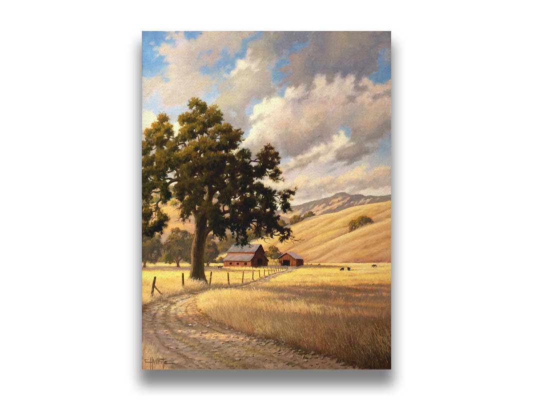 A painting of a grassy field over deep hills. A haphazard fence runs along a dirt road thorugh the field. Red barns can be seen in the distance alongside grazing cows. Printed on canvas.