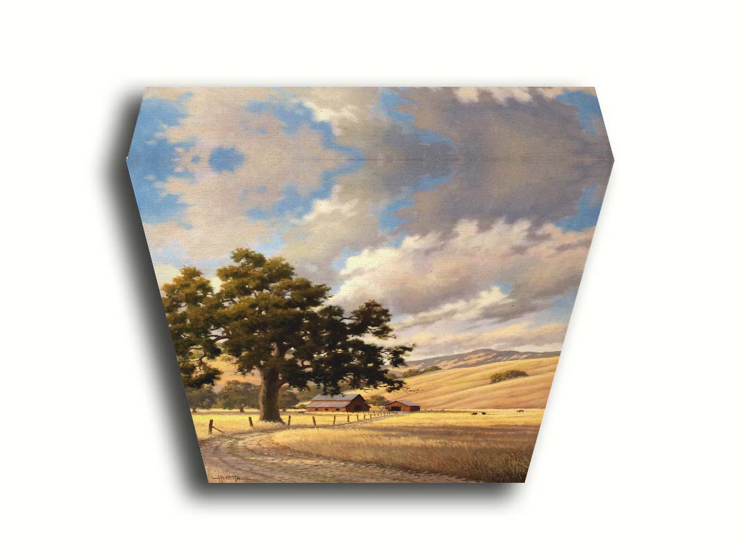 A painting of a grassy field over deep hills. A haphazard fence runs along a dirt road thorugh the field. Red barns can be seen in the distance alongside grazing cows. Printed on canvas.