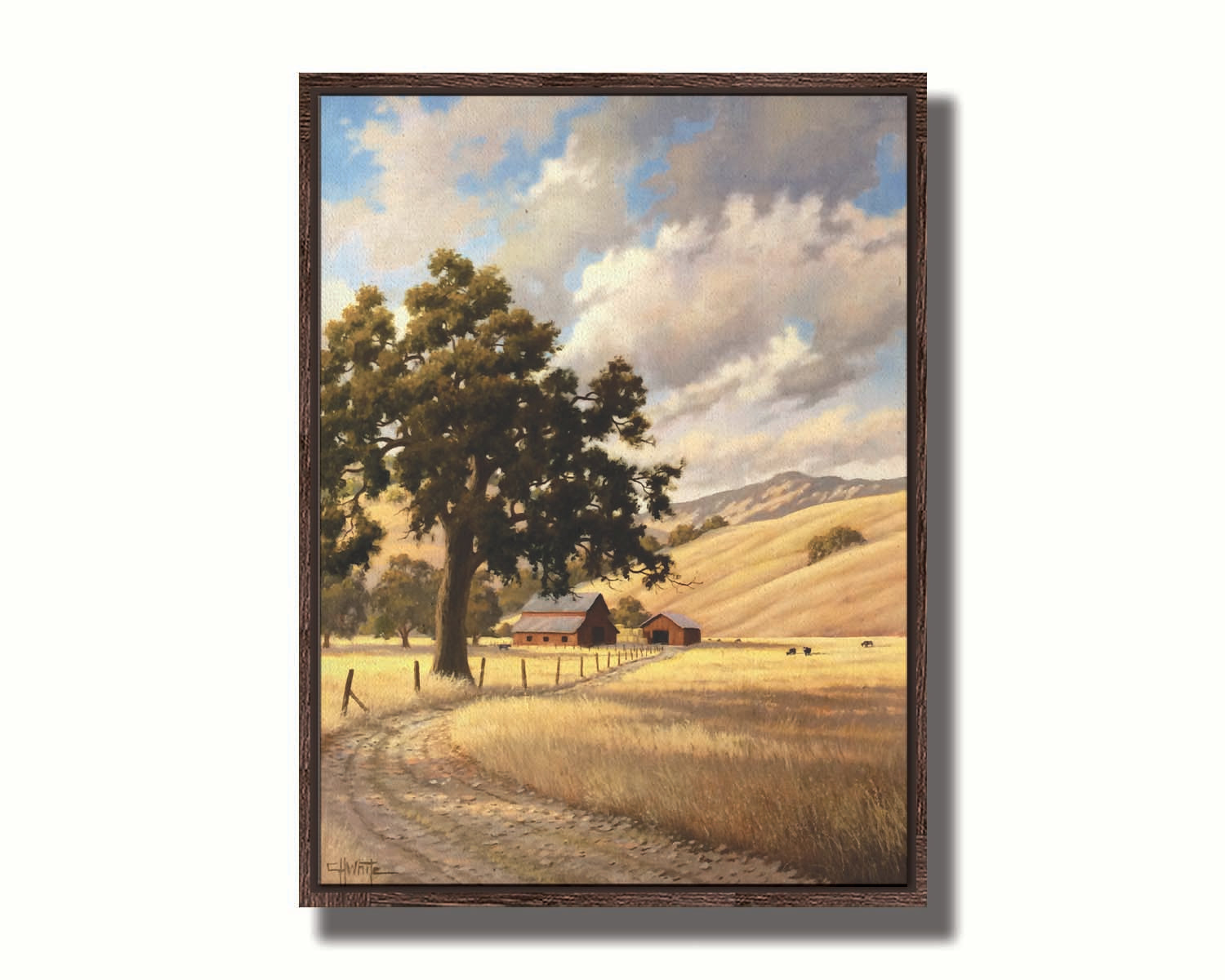 A painting of a grassy field over deep hills. A haphazard fence runs along a dirt road thorugh the field. Red barns can be seen in the distance alongside grazing cows. Printed on canvas in a float frame.