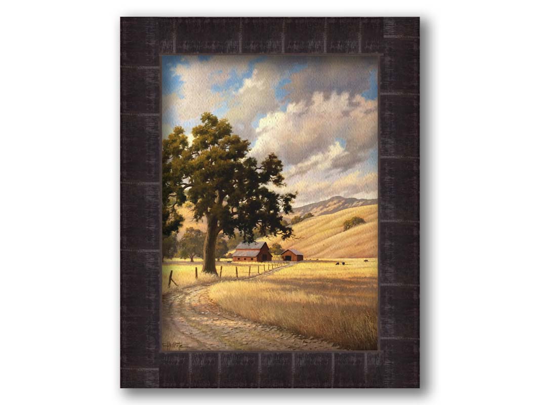 A painting of a grassy field over deep hills. A haphazard fence runs along a dirt road thorugh the field. Red barns can be seen in the distance alongside grazing cows. Printed on canvas and framed.