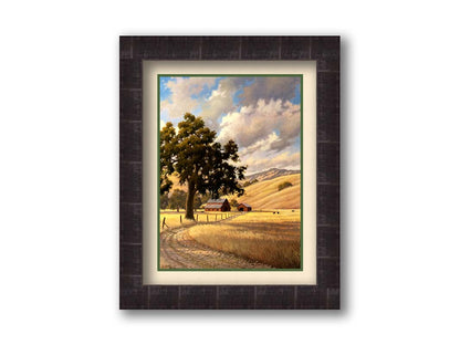 A painting of a grassy field over deep hills. A haphazard fence runs along a dirt road thorugh the field. Red barns can be seen in the distance alongside grazing cows. Printed on paper, matted, and framed.