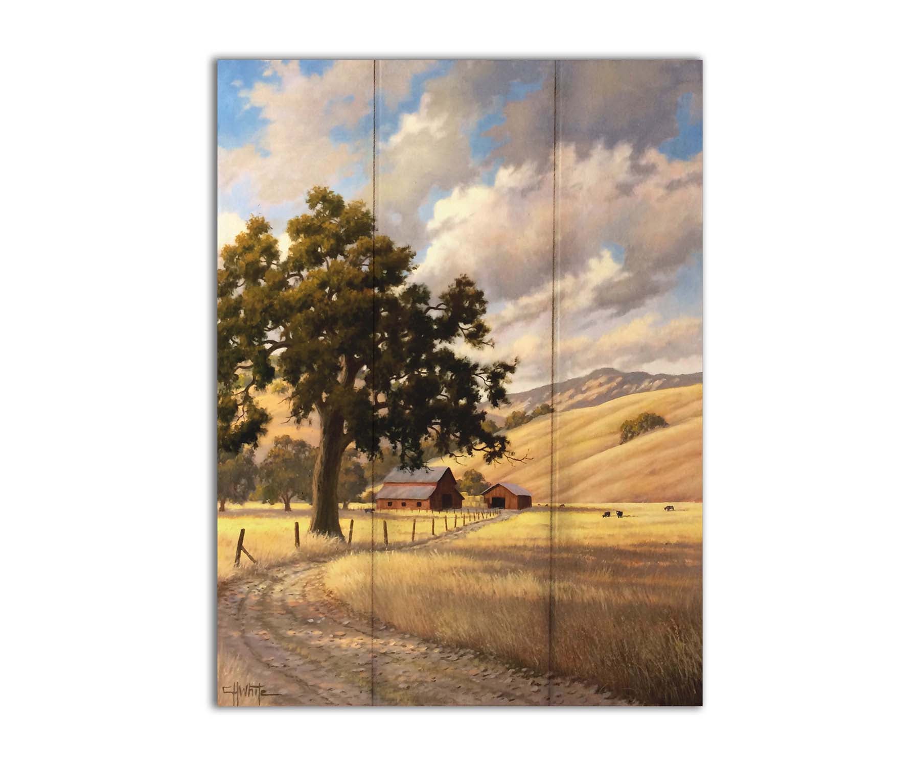 A painting of a grassy field over deep hills. A haphazard fence runs along a dirt road thorugh the field. Red barns can be seen in the distance alongside grazing cows. Printed on a box board.