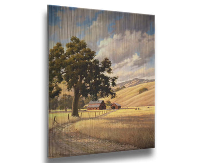 A painting of a grassy field over deep hills. A haphazard fence runs along a dirt road thorugh the field. Red barns can be seen in the distance alongside grazing cows. Printed on metal.