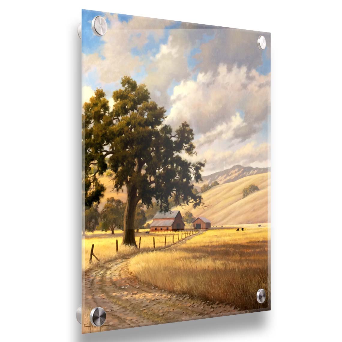 A painting of a grassy field over deep hills. A haphazard fence runs along a dirt road thorugh the field. Red barns can be seen in the distance alongside grazing cows. Printed on acrylic.