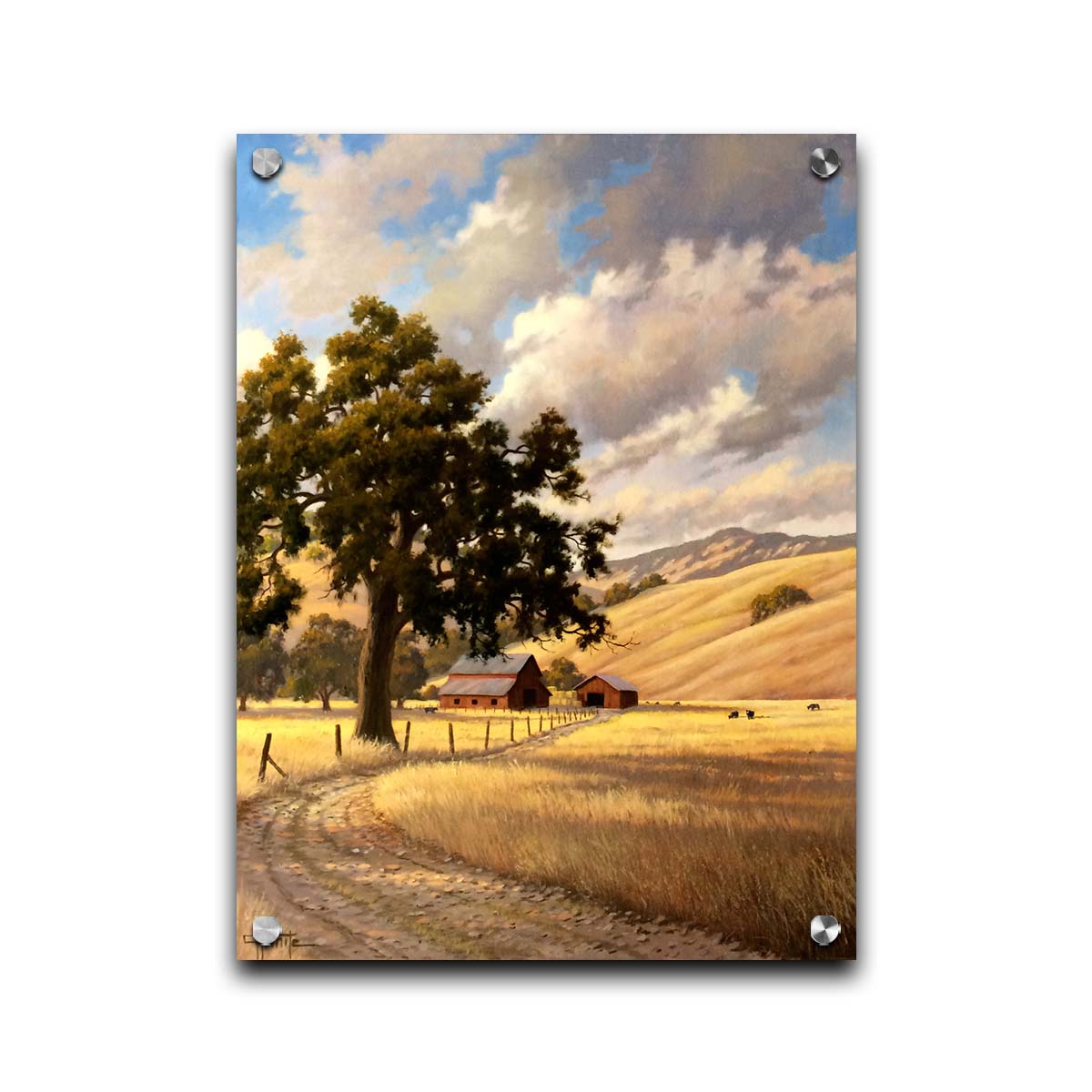 A painting of a grassy field over deep hills. A haphazard fence runs along a dirt road thorugh the field. Red barns can be seen in the distance alongside grazing cows. Printed on acrylic.