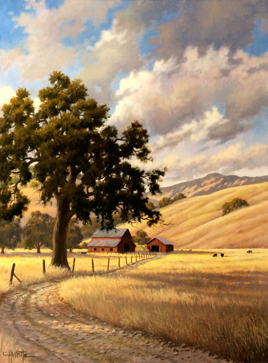 A painting of a grassy field over deep hills. A haphazard fence runs along a dirt road through the field. Red barns can be seen in the distance alongside grazing cows.