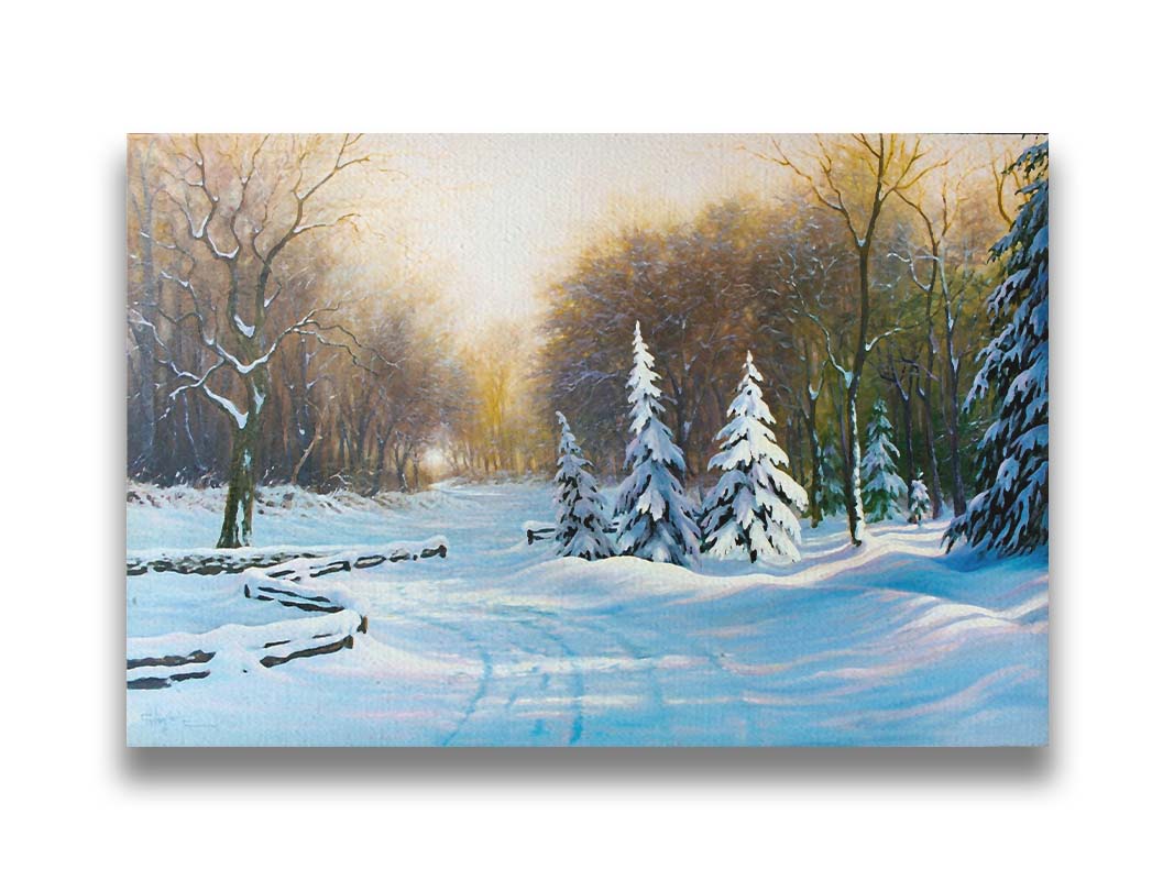 A painting of a snowy landscape, looking down a fenced road surrounded by a forest of deciduous and coniferous trees. Printed on canvas.