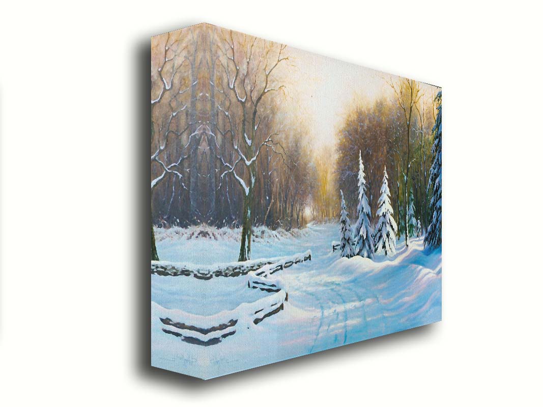 A painting of a snowy landscape, looking down a fenced road surrounded by a forest of deciduous and coniferous trees. Printed on canvas.