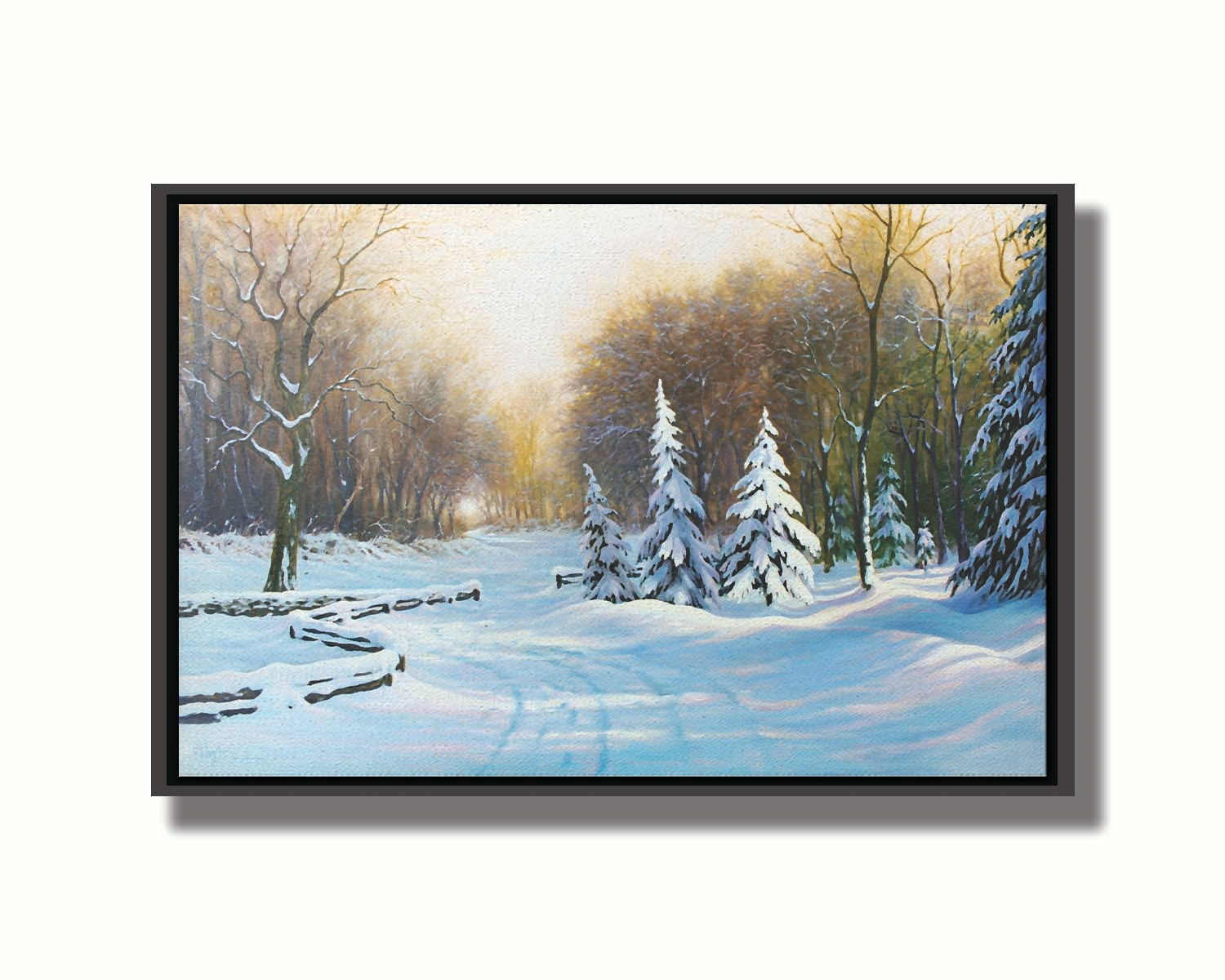 A painting of a snowy landscape, looking down a fenced road surrounded by a forest of deciduous and coniferous trees. Printed on canvas in a float frame.