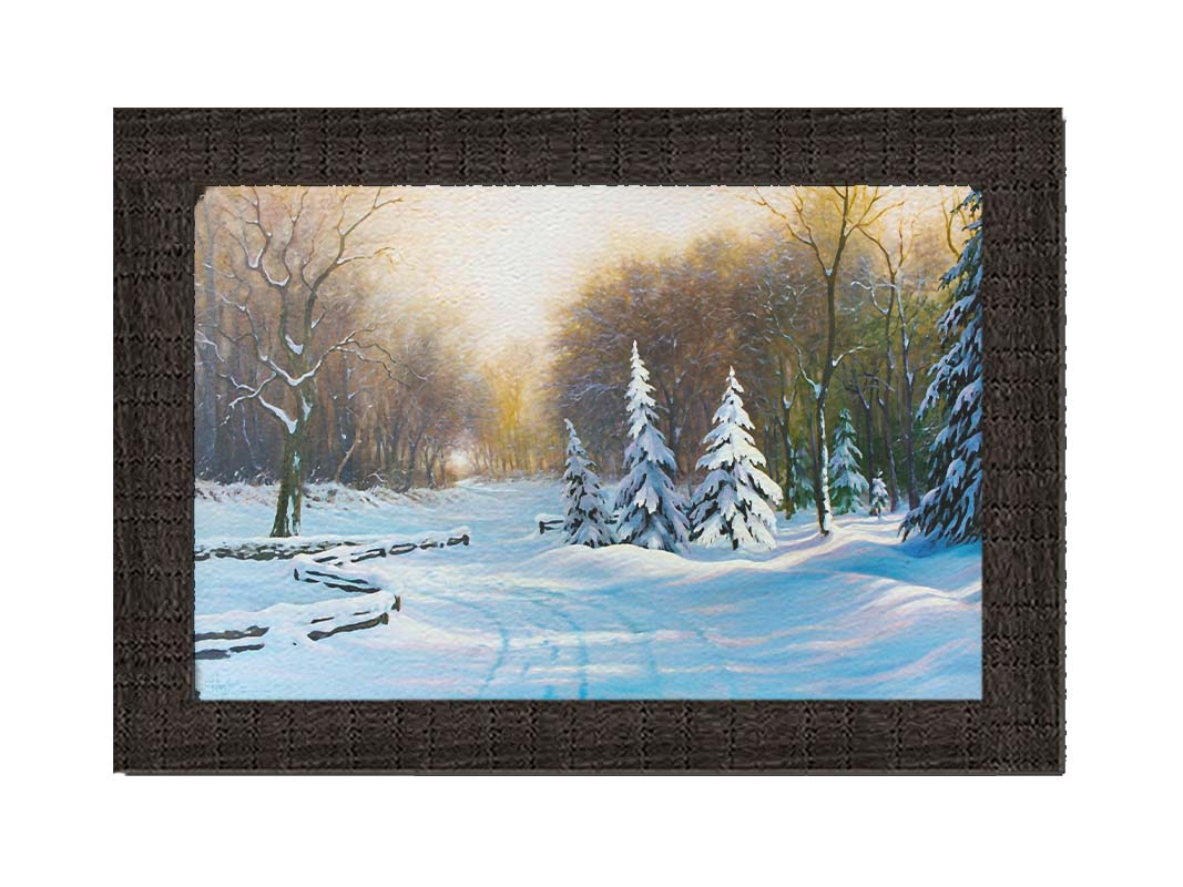 A painting of a snowy landscape, looking down a fenced road surrounded by a forest of deciduous and coniferous trees. Printed on canvas and framed.