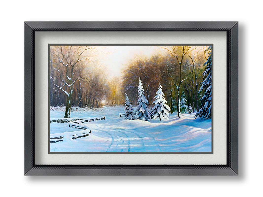 A painting of a snowy landscape, looking down a fenced road surrounded by a forest of deciduous and coniferous trees. Printed on paper, matted, and framed.