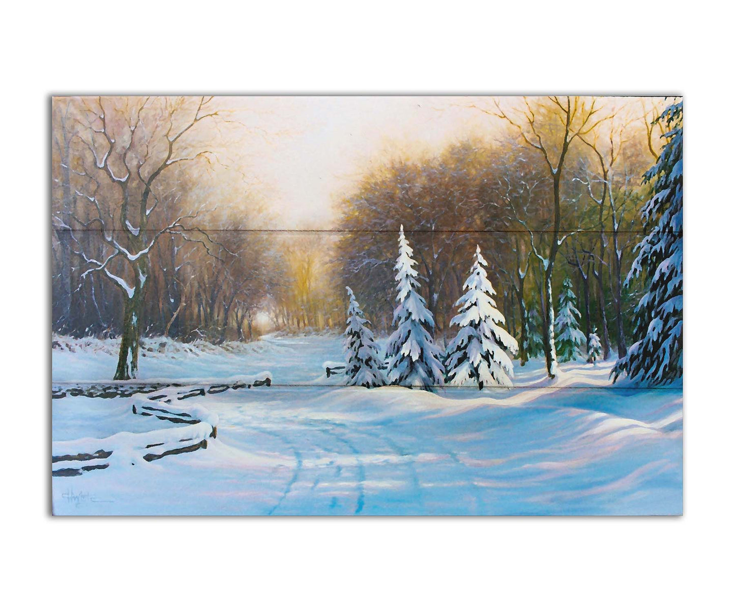 A painting of a snowy landscape, looking down a fenced road surrounded by a forest of deciduous and coniferous trees. Printed on a box board.