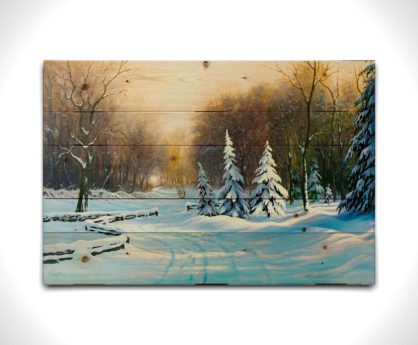 A painting of a snowy landscape, looking down a fenced road surrounded by a forest of deciduous and coniferous trees. Printed on a wood pallet.