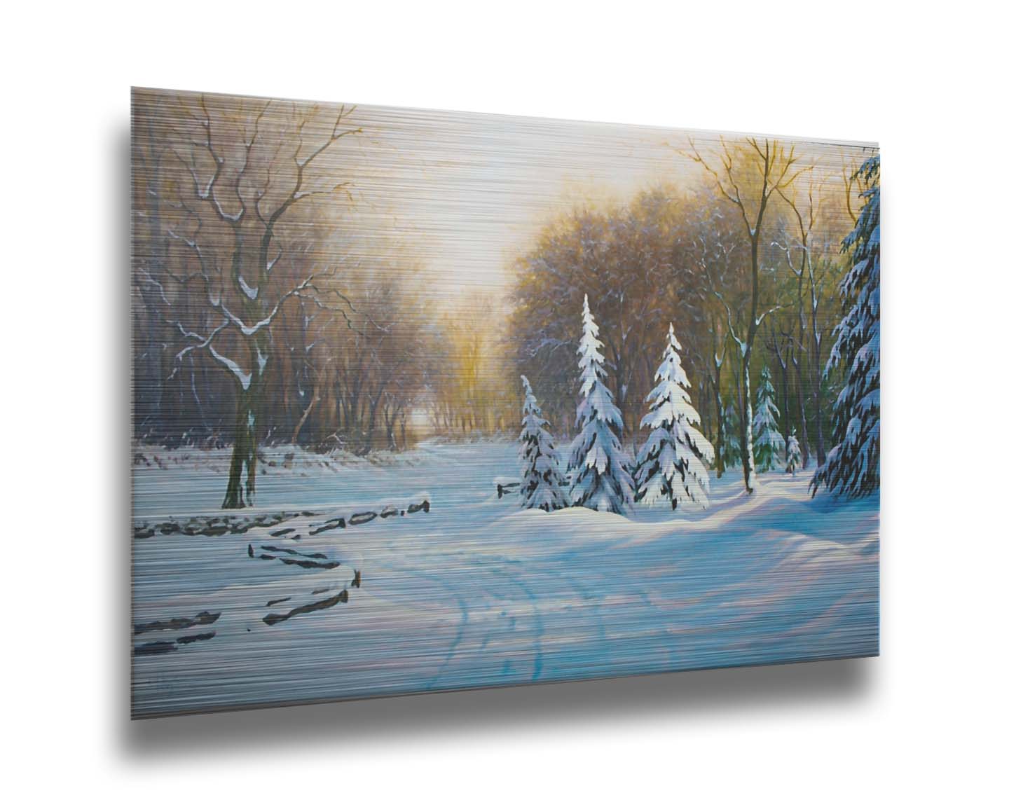 A painting of a snowy landscape, looking down a fenced road surrounded by a forest of deciduous and coniferous trees. Printed on metal.