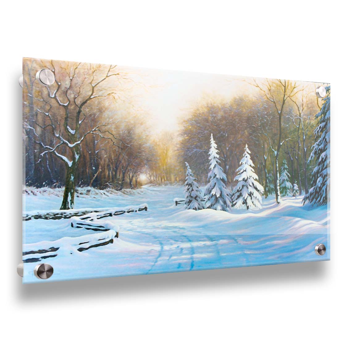 A painting of a snowy landscape, looking down a fenced road surrounded by a forest of deciduous and coniferous trees. Printed on acrylic.