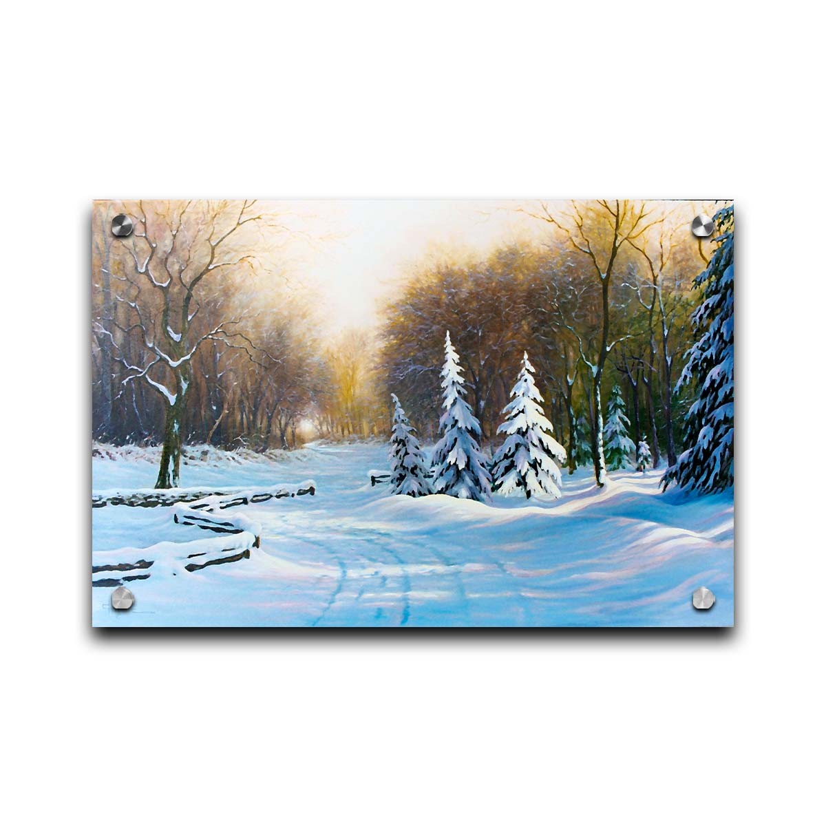 A painting of a snowy landscape, looking down a fenced road surrounded by a forest of deciduous and coniferous trees. Printed on acrylic.