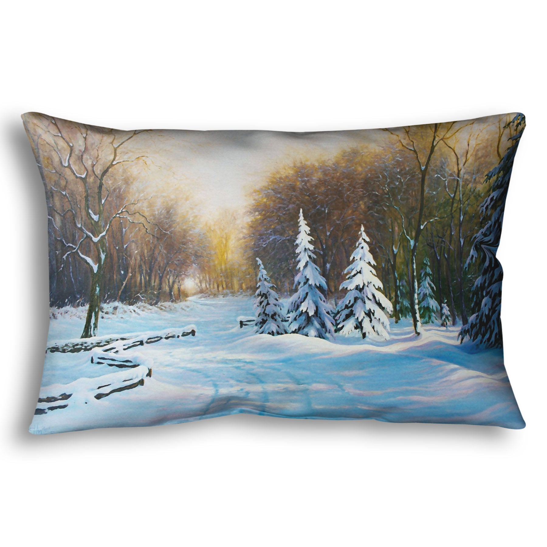 Throw pillow with a winter landscape design featuring trees and snow.