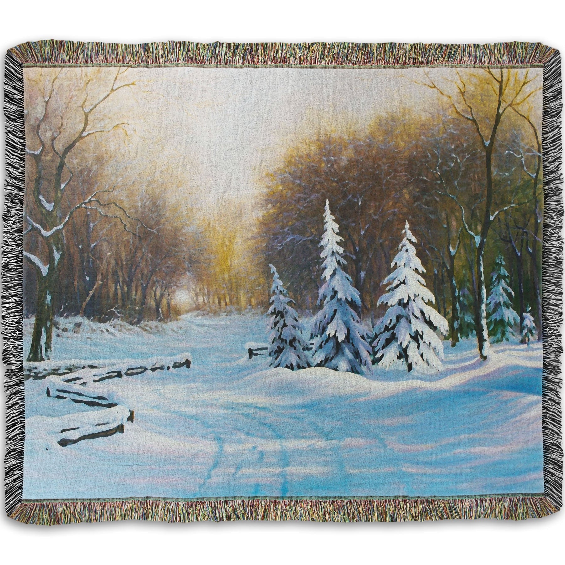Woven blanket with a winter landscape design featuring trees and snow.