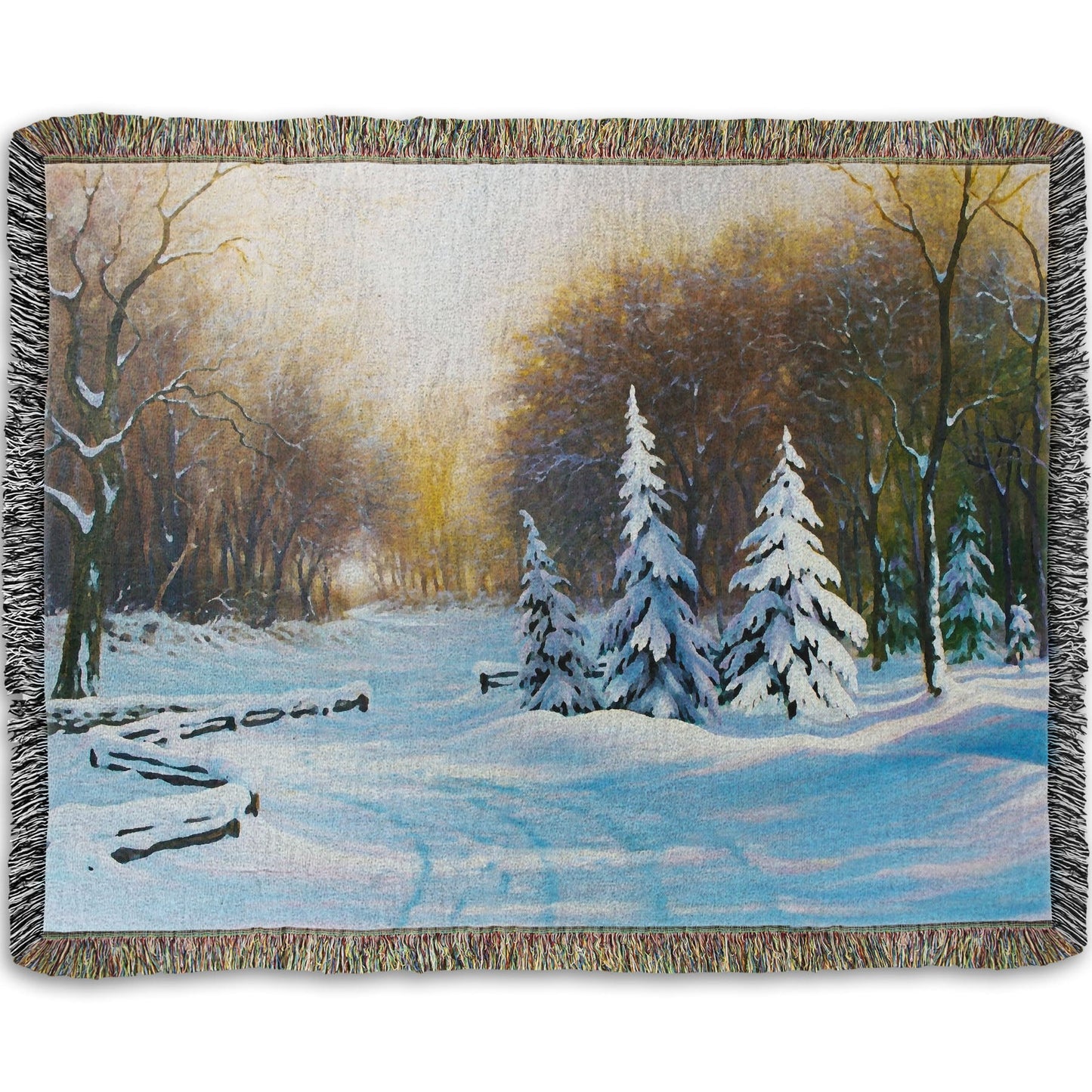 Woven blanket with a winter landscape design featuring trees and snow.