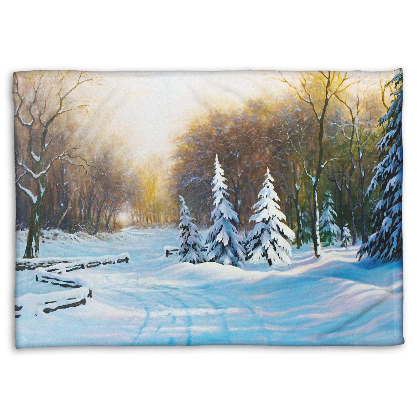 Fleece blanket with a winter landscape design featuring trees and snow.