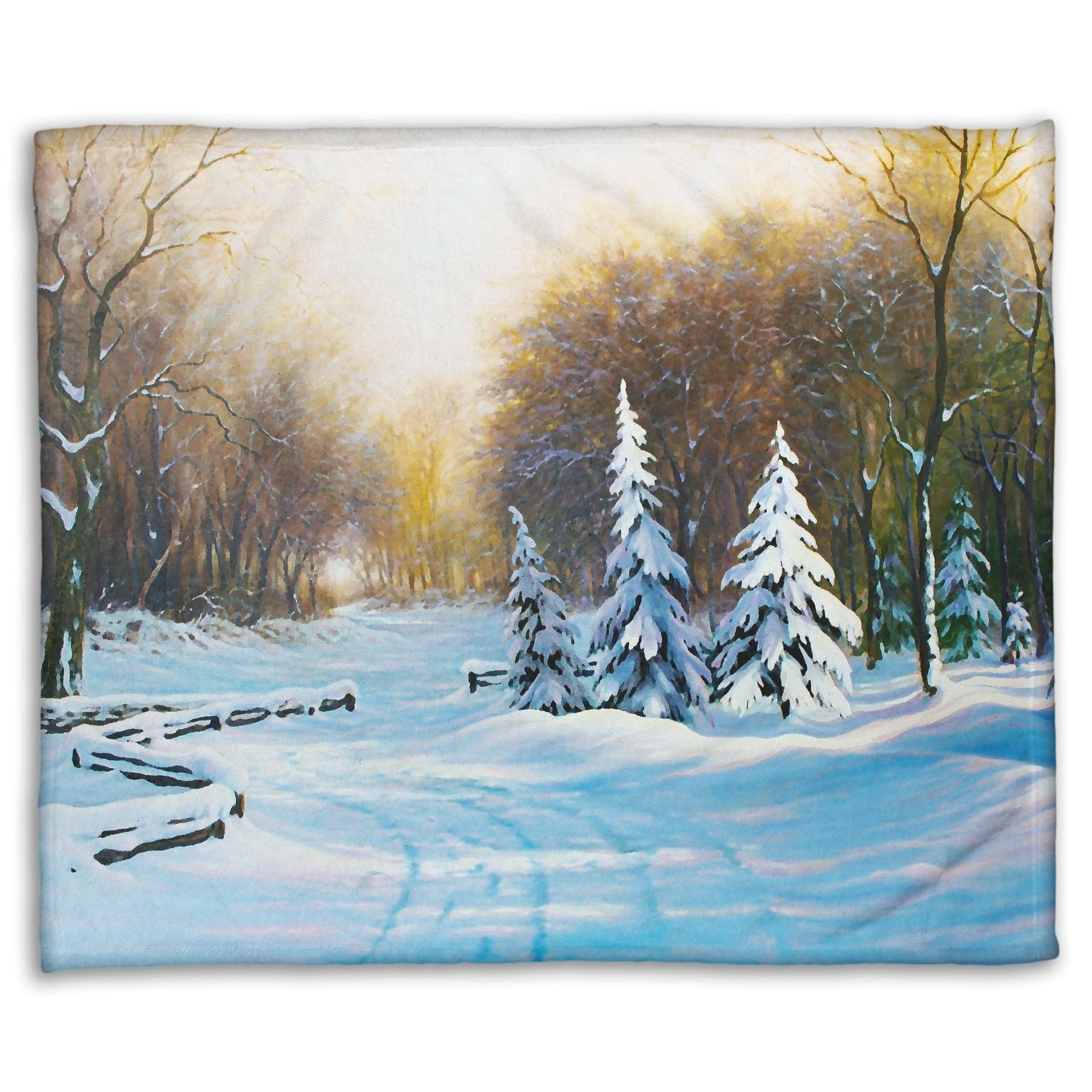 Fleece blanket with a winter landscape design featuring trees and snow.