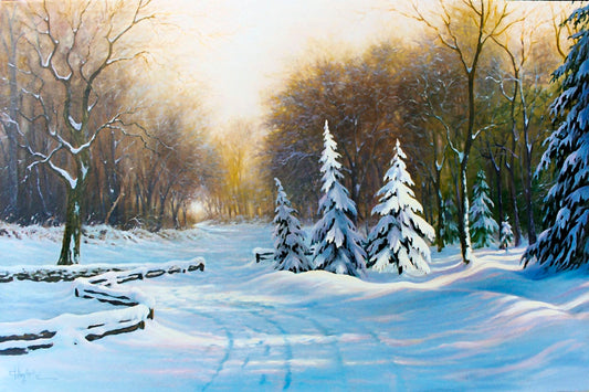 A painting of a snowy landscape, looking down a fenced road surrounded by a forest of deciduous and coniferous trees. 
