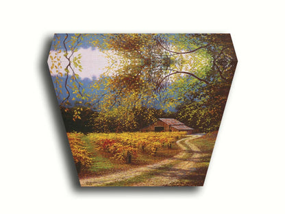 A painting of a dirt path passing a vineyard after harvest. At the far end of the path is a red barn.  Printed on canvas.