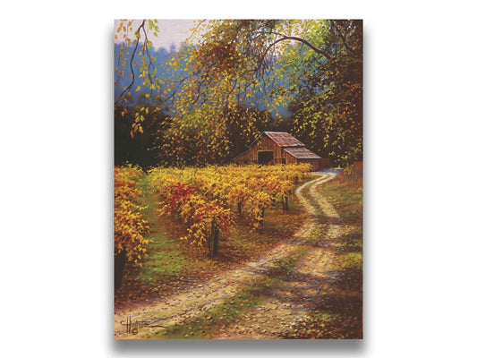 A painting of a dirt path passing a vineyard after harvest. At the far end of the path is a red barn. Printed on canvas.