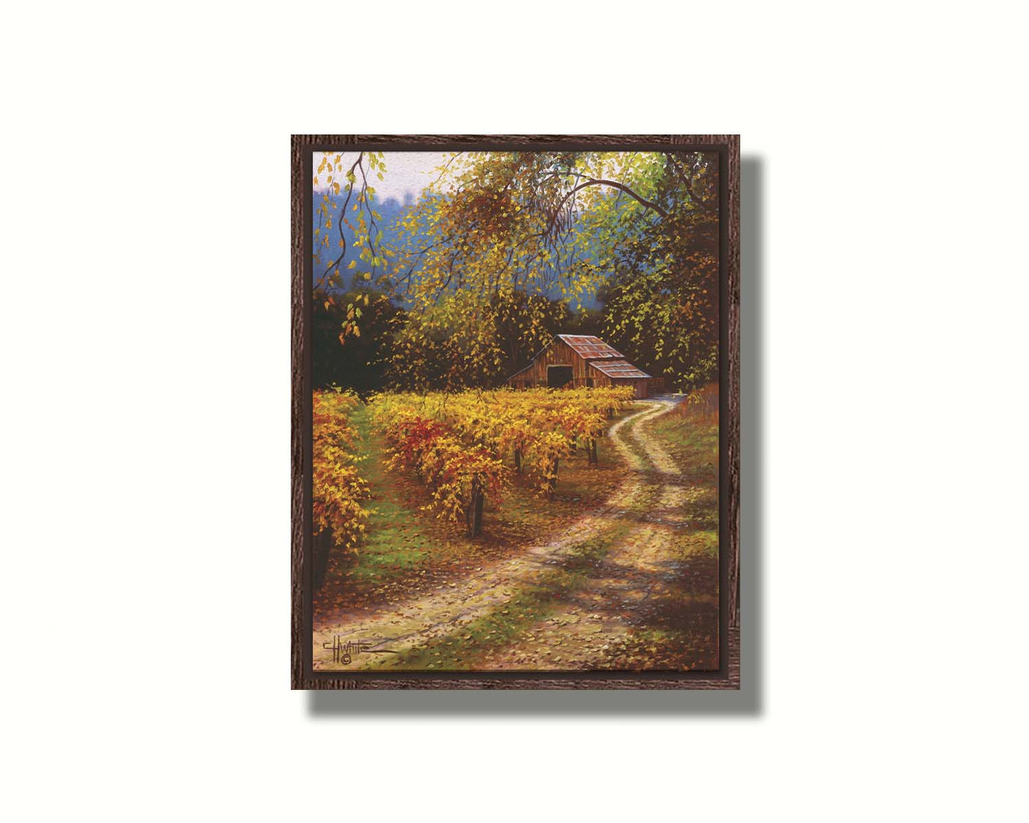 A painting of a dirt path passing a vineyard after harvest. At the far end of the path is a red barn. Printed on canvas in a float frame.