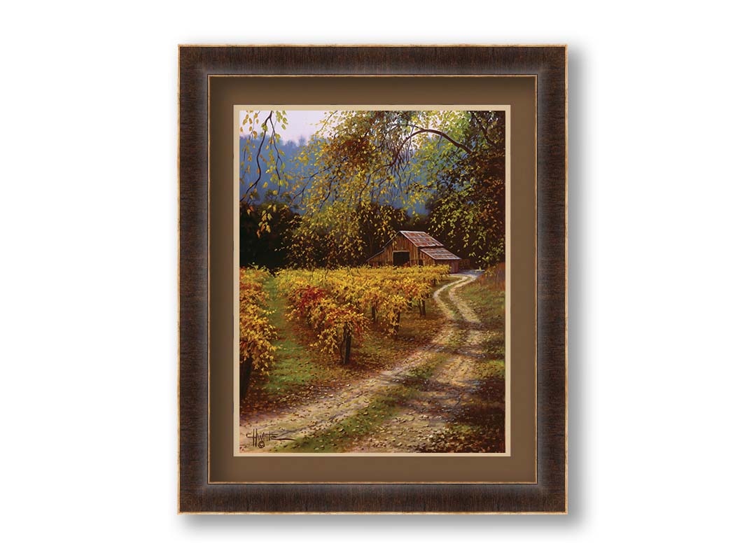 A painting of a dirt path passing a vineyard after harvest. At the far end of the path is a red barn. Printed on paper, matted, and framed.