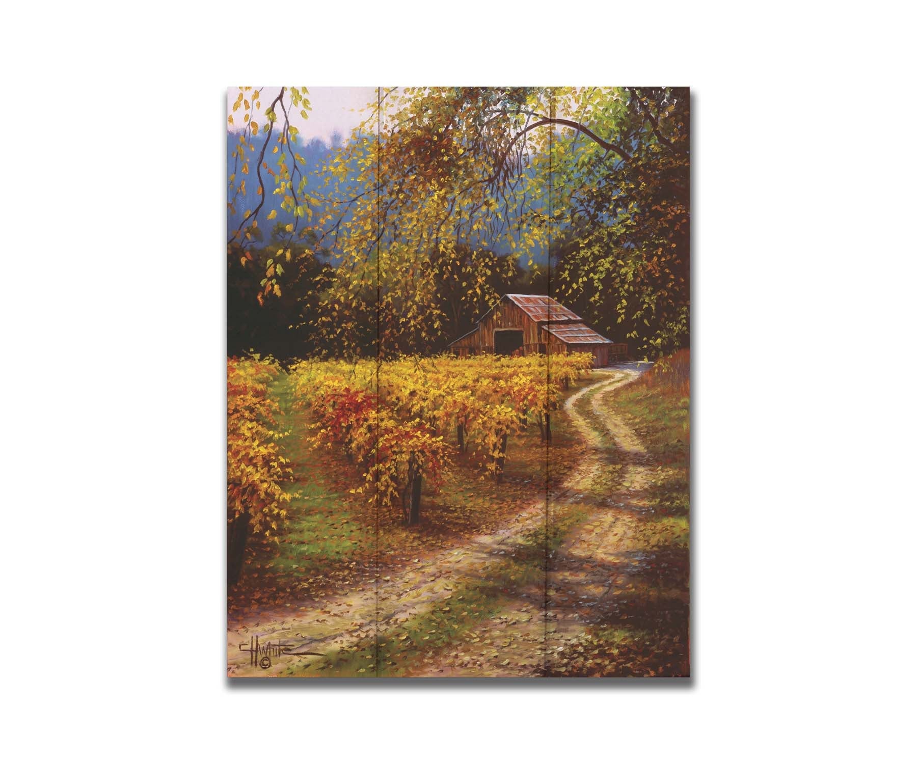 A painting of a dirt path passing a vineyard after harvest. At the far end of the path is a red barn. Printed on a box board.