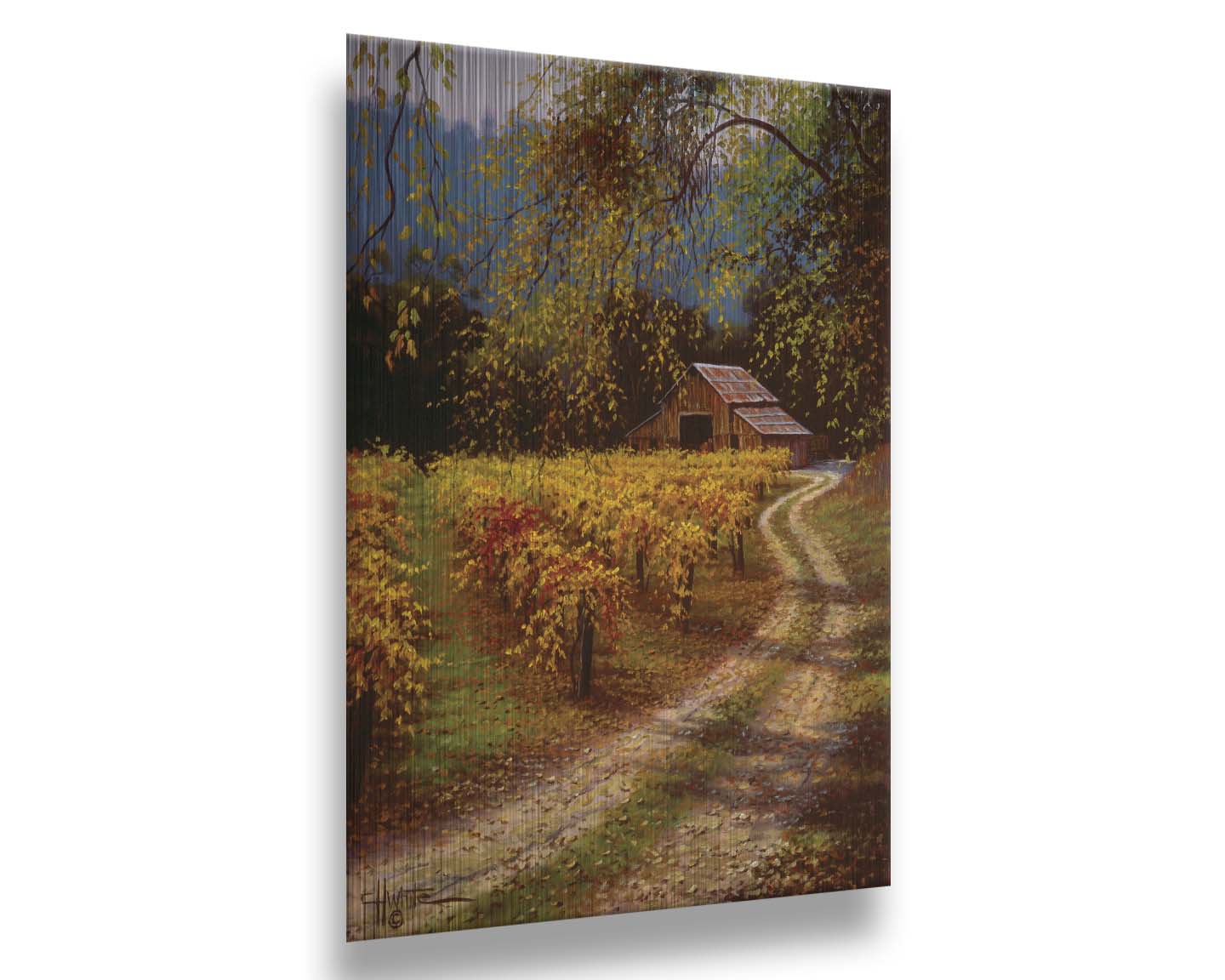 A painting of a dirt path passing a vineyard after harvest. At the far end of the path is a red barn. Printed on metal.